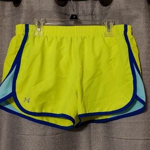 Under Armour Semi Fitted Heat Gear Yellow & Blue  Lined Athletic Shorts Sz Med
